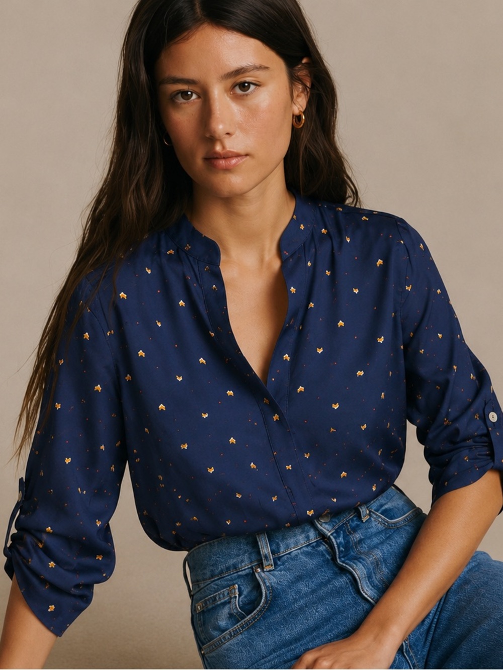 Lush Navy Blue Boho Blouse Small V Neck Roll Tab Sleeve Workwear Tunic Top